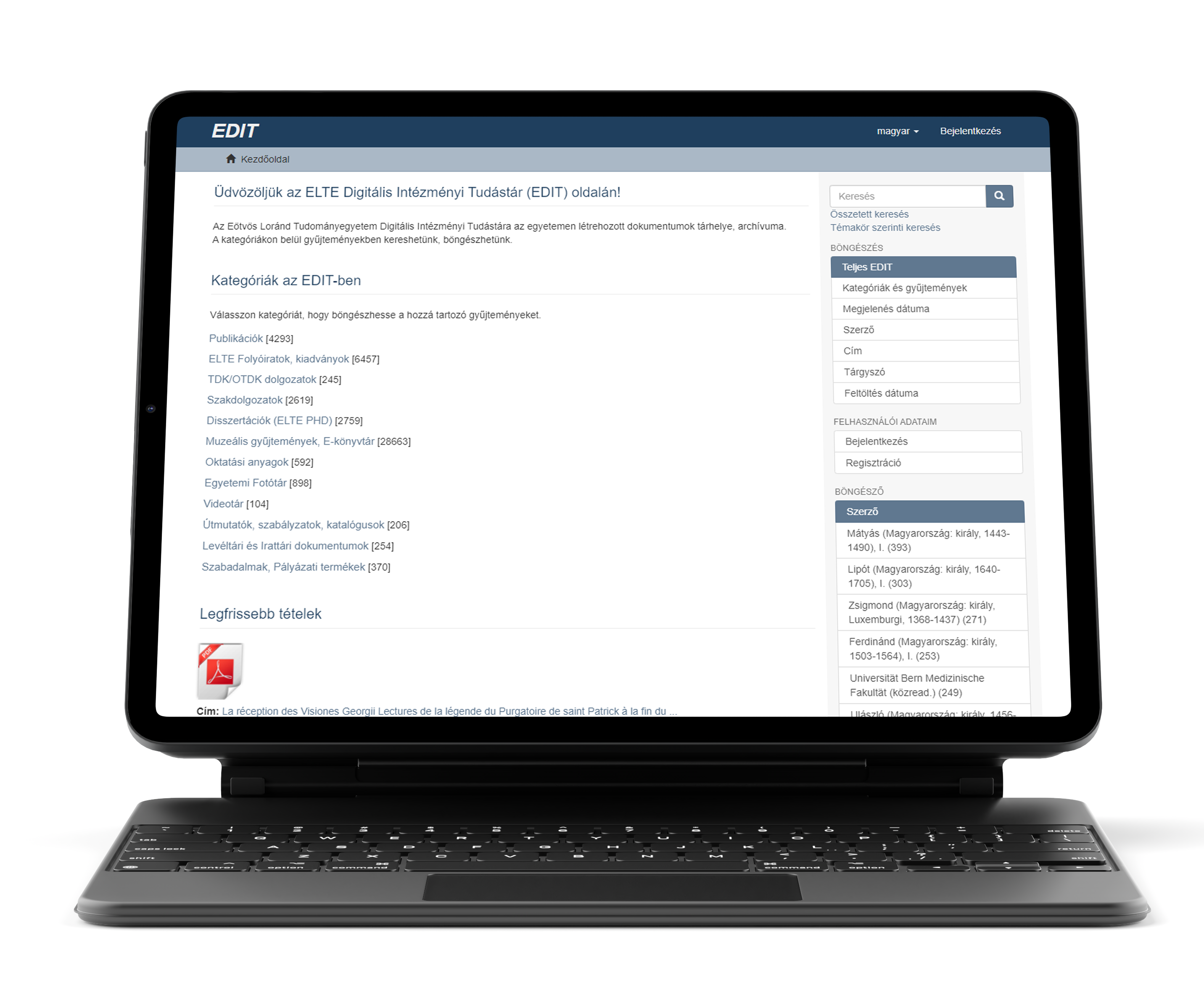 Az EDIT kezdőoldala egy iPad-en